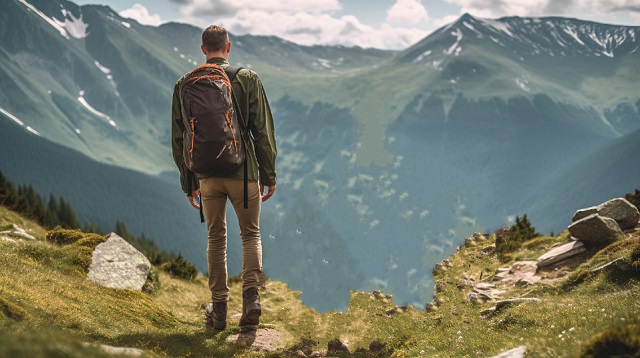 mężczyzna z plecakiem stoi na szczycie w górach