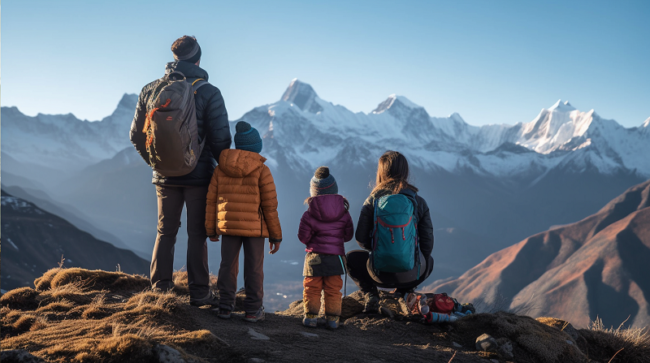 rodzice z dziećmi na wycieczce w górach