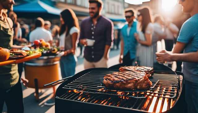 wiele osób stoi przy grillu, na grillu leży mięso