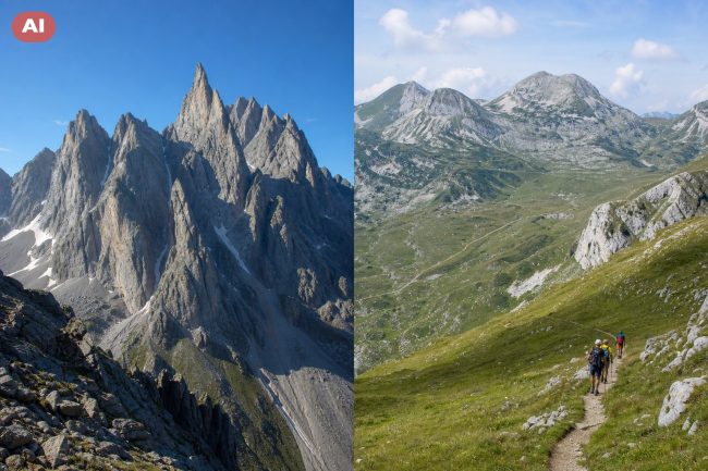 Ostre granitowe szczyty i łagodne wapienne wzgórza tatrzańskie (grafika wygenerowana przez AI)